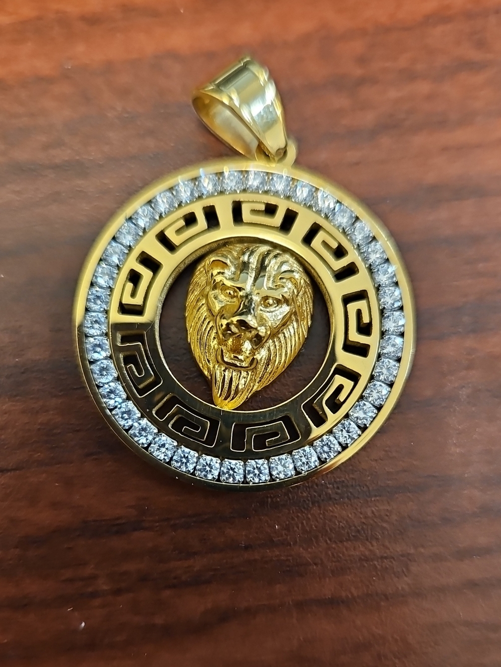 Gold Lion Medallion Pendant with Clear Stones